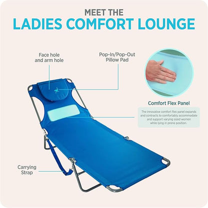 Ostrich the Ladies Comfort Lounger with Chest Support, Foldable and Portable Reclining Outdoor Patio Beach Lawn Camping Pool Tanning Chair, Ocean Blue