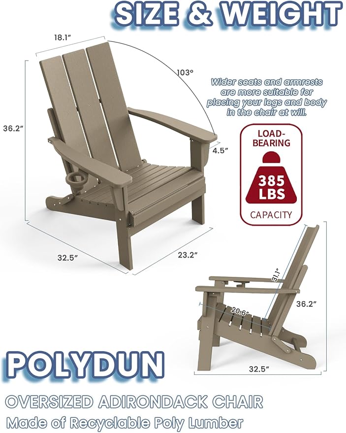Adirondack Chair with Cup Holder, Folding Outdoor Lawn Chair, HDPE Plastic Fire Pit Chair, Weather Resistant Patio Chairs for Deck, Porch, Backyard, Garden, Weathered Wood
