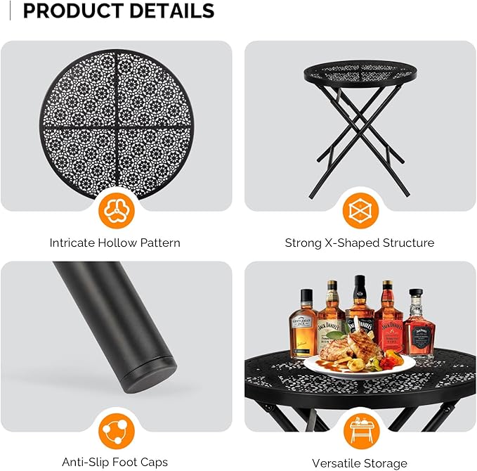 Patio Folding Side Table, Round Outdoor End Table,18 inch Folding Patio Side Table, Metal Steel Outdoor Round Coffee Table with Flower Cutouts for Patio Yard Balcony Garden, Black