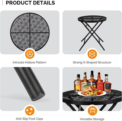 Patio Folding Side Table, Round Outdoor End Table,18 inch Folding Patio Side Table, Metal Steel Outdoor Round Coffee Table with Flower Cutouts for Patio Yard Balcony Garden, Black