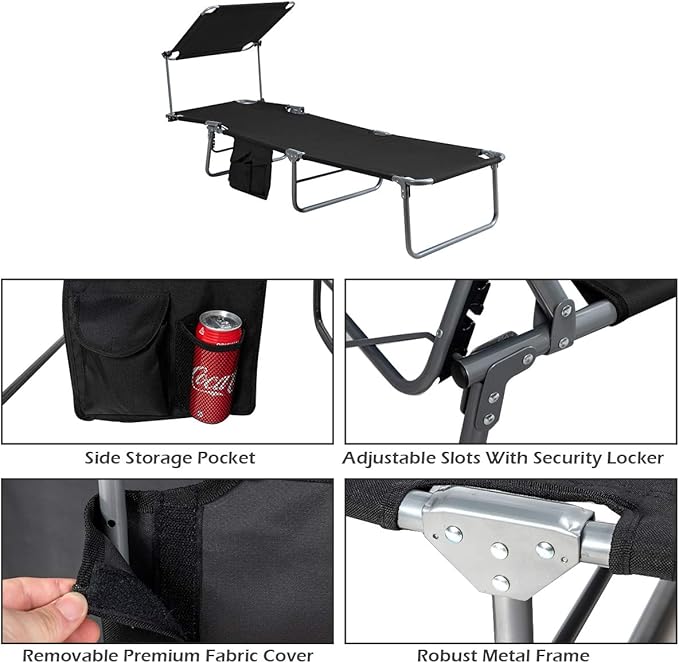 Giantex Tanning Chair, Patio Chaise Lounge Chair with 5 Adjustable Position, Shade Canopy, Storage Pocket, Camping Cot, Outdoor Sunbathing Recliner for Poolside, Lawn Folding Beach Chairs(2, Black)