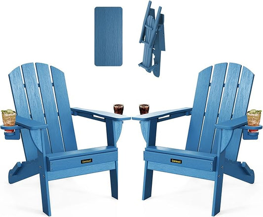 Folding Adirondack Chair Set of 2, Wooden Textured Plastic Adirondack Chairs with 2 Cup Holder, Weather Resistant HDPE Fire Pit Chair, Outdoor Patio Chairs for Garden, Backyard, Lawn, Deck, Blue