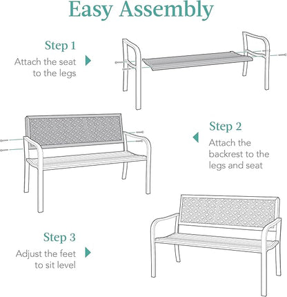 Best Choice Products Outdoor Bench 2-Person Metal Steel Benches Furniture for Garden, Patio, Porch, Entryway w/Geometric Backrest, 790lb Capacity – Black