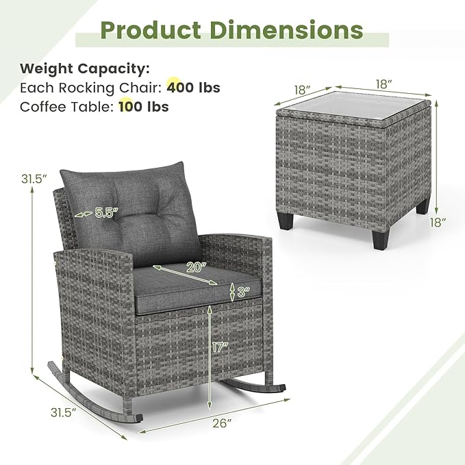 Tangkula 3 Piece Wicker Rocking Set, Patio Rattan Roker Chairs with Tempered Glass Table & Soft Cushions, Outdoor Furniture Set for Backyard, Poolside Porch (Grey)