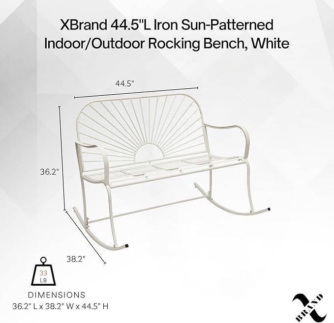 XBrand 44.5" L Iron Sun-Patterned Seat for Two Indoor/Outdoor Rocking Bench, Durable Patio Rocking Bench, White - Photo 3
