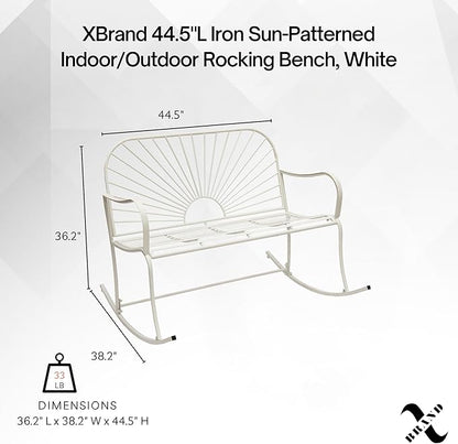XBrand 44.5" L Iron Sun-Patterned Seat for Two Indoor/Outdoor Rocking Bench, Durable Patio Rocking Bench, White