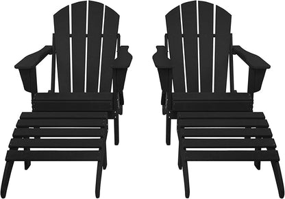 WestinTrends Malibu Outdoor Lounge Chair Set, 4-Pieces Adirondack Chair Set of 2 with Ottoman, All Weather Poly Lumber Patio Lawn Folding Chair for Outside Pool Beach, Black