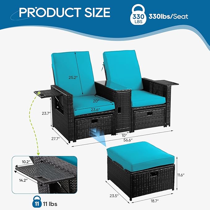 5PCS Outdoor Wicker Chaise Lounge Chair - Rattan Adjustable Reclining Patio Lounge Chair with Ottoman and Coffee Table - Photo 2