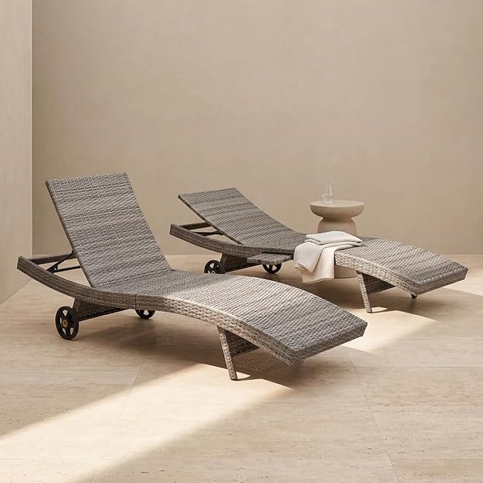Set of 2 Gray Outdoor Chaise Lounge Chairs, Wicker Patio Lounge Chairs with Adjustable Backrest and Wheels, Durable PE Rattan Pool Chair for Patio, Poolside and Garden