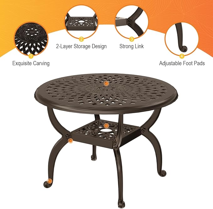 Round Outdoor Coffee Table, Cast Aluminum Side Table with Storage,Indoor End Table, All-Weather Bistro Table for Patio Garden Lawn,Bronze