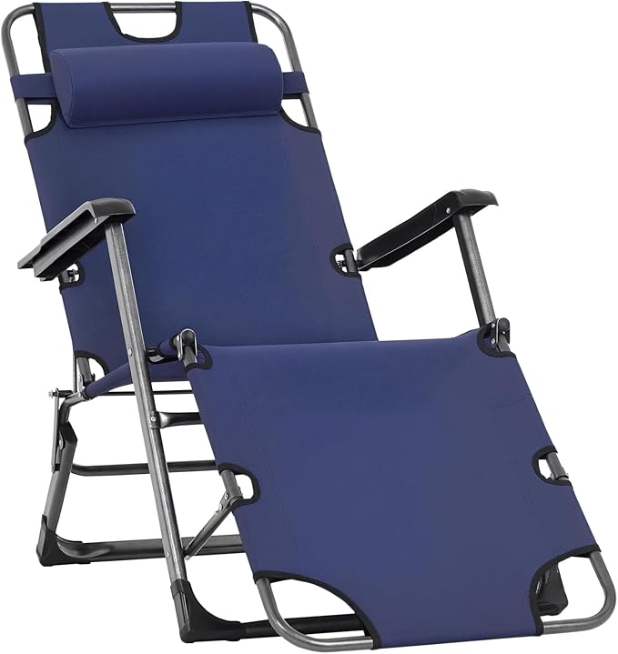 Outsunny Folding Chaise Lounge Chair for Outside, 2-in-1 Tanning Chair with Pillow & Pocket, Adjustable Pool Chair for Beach, Patio, Lawn, Deck, Navy