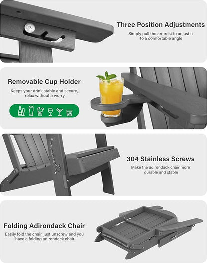 YEFU Adirondack Chairs Set of 6 for Patio: Folding Plastic Fire Pit Chair with Cup Holders & Adjustable Backrest - Sturdy All-Weather HDPE for Outdoor Pool Lawn - Easy Assembly(Grey)