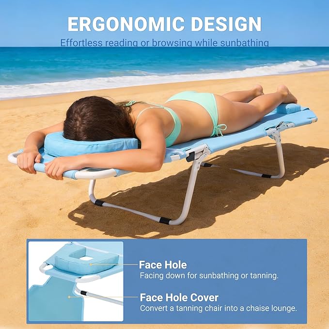 DoCred Heavy Duty Tanning Chair with Face Hole, Adjustable 5-Position Folding Chaise Lounge Chairs for Outside - Photo 7