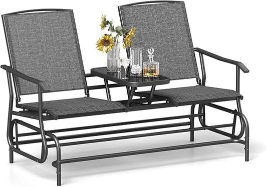 Tangkula 2 Person Swing Glider Chair, Patio Rocking Loveseat w/Center Tempered Glass Table, Outdoor Swing Bench w/Steel Frame & Breathable Mesh Fabric for Porch, Balcony, Poolside (Grey)