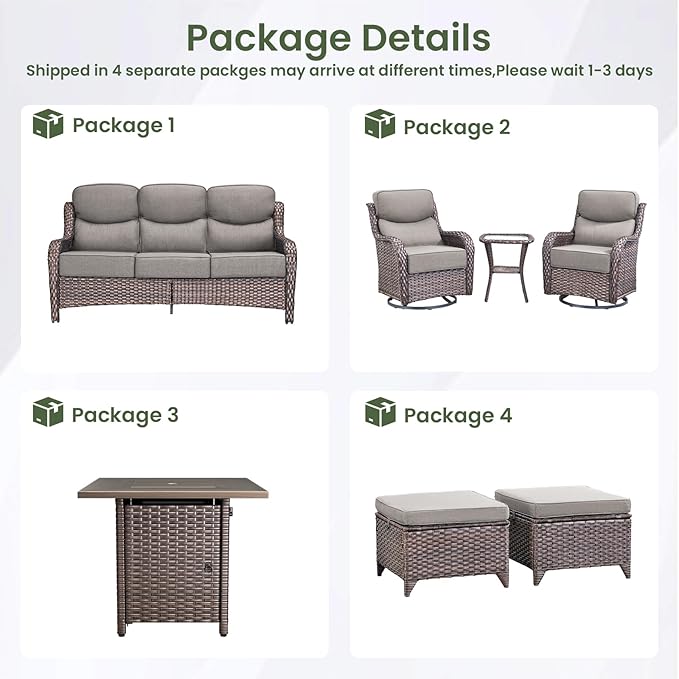Luxury Patio Furniture Set with 6-inch Thick Cushion, Outdoor Furniture with Fire Pit Table, Swivel Chairs, Sofa - Photo 2