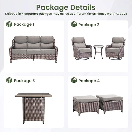 Luxury Patio Furniture Set with 6-inch Thick Cushion, Outdoor Furniture with Fire Pit Table, Swivel Chairs, Sofa, Side Table, Ottomans, 7pcs Wicker Conversation Set for Deck Yard and Poolside(Grey)