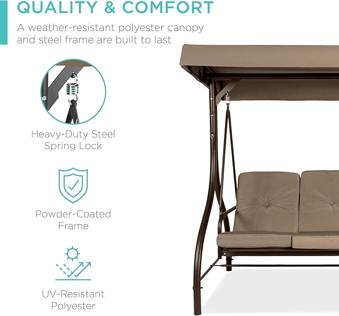 Best Choice Products 3-Seat Outdoor Large Converting Canopy Swing Glider, Patio Hammock Lounge Chair for Porch, Backyard w/Flatbed, Adjustable Shade, Removable Cushions - Desert Taupe