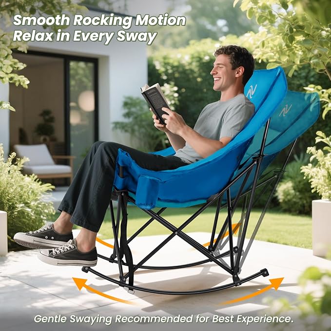 ABORON Heated Oversized Rocking Camping Chair for Adults, Fully Padded Folding Outdoor Lawn Chair with Side Pocket, Portable Recliner Chair for Camp, Patio, Backyard, Supports 400 lbs