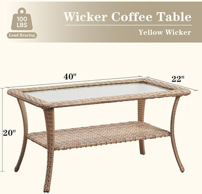 Wicker Outdoor Coffee Table - 40 Inch Tempered Glass Top Patio Coffee Table with Storage, 2 Layers Rattan Outdoor Table Rectangle for Patio for Porch, Balcony, Deck and Garden - Yellow