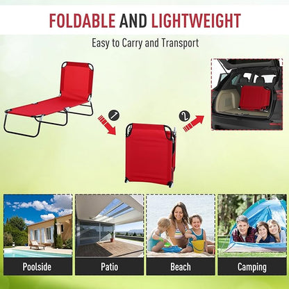 Folding Chaise Lounge Pool Chairs, Outdoor Sun Tanning Chairs with 5-Level Reclining Back, Steel Frame for Beach, Yard, Patio(Red)