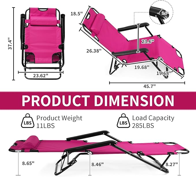 Outvita Folding Chaise Lounge Chair, Outdoor Adjustable Recliner Chair with Pillow for Camping, Beach, Poolside, Garden - Photo 3