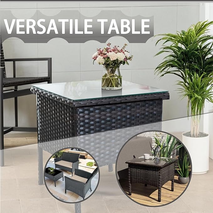 Outdoor Patio Wicker Table, Rattan Side Table, Modern Patio End Side Table with Glass Countertop and Storage Space - Photo 4