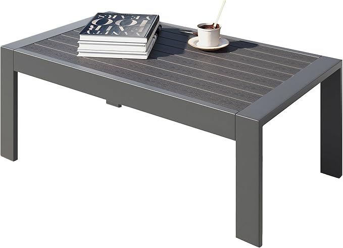 All-Weather Aluminum Outdoor Coffee Table, Modern Rectangle Patio Coffee Table for Balcony Garden, Deep Grey