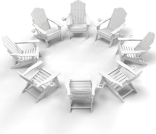 FOOWIN HDPE Adjustable Adirondack Chair Set of 8, 400lbs Heavy Duty Folding Patio Chairs with Cup Holder, 3-Position Reclining Fire Pit Seating, All-Weather Poly Lumber for Backyard, Deck - White