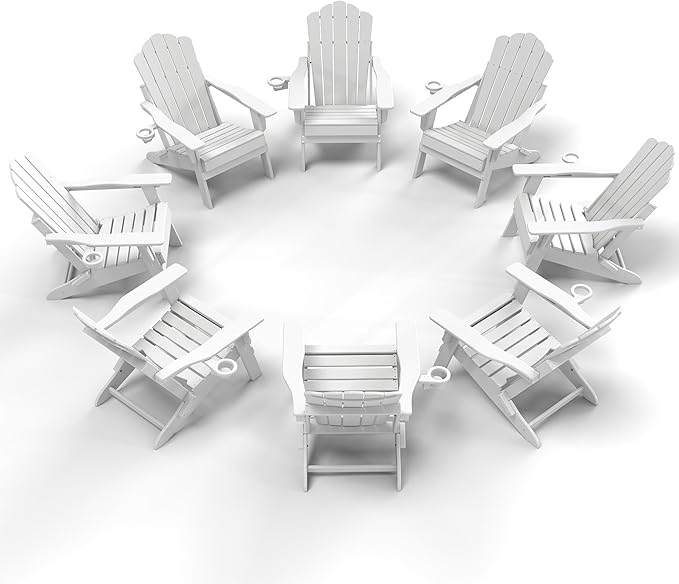 FOOWIN Adirondack Chair Set of 8, Folding HDPE Patio Chairs with Cup Holder, 400LBS Heavy Duty Commercial Fire Pit Seating for Resort, Hotel, Event, Large Deck, White