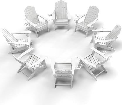 FOOWIN Adirondack Chair Set of 8, Folding HDPE Patio Chairs with Cup Holder, 400LBS Heavy Duty Commercial Fire Pit Seating for Resort, Hotel, Event, Large Deck, White