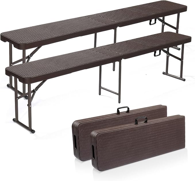VINGLI 6 feet Plastic Folding Bench,Portable in/Outdoor Picnic Party Camping Dining Seat, Garden Soccer Multipurpose Entertaining Activities, Smooth HDPE Tabletop (2, Brown, 6ft)