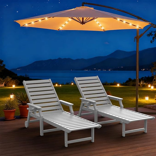 5-Position Adjustable Patio Chaise Lounge - 78'' HDPE Outdoor Lounger with Rolling Wheels & Cup Holder, Longer, Wider, Higher - Perfect for Poolside & Deck, White, 2pcs