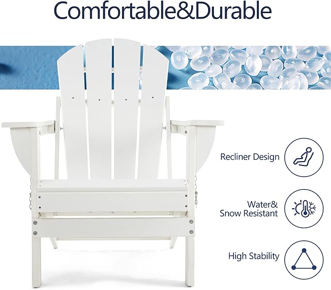 Folding Adirondack Chair, HDPE Outdoor Texture Lawn Chair with Reclining Back, Cup and Phone Holder - Comfortable Firepit Chair Weather Resistant for Patio or Backyard (White, Set of 1)