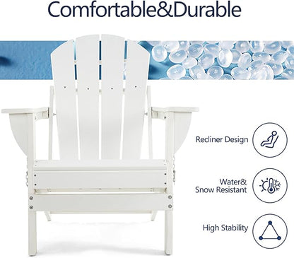 Folding Adirondack Chair, HDPE Outdoor Texture Lawn Chair with Reclining Back, Cup and Phone Holder - Comfortable Firepit Chair Weather Resistant for Patio or Backyard (White, Set of 1)