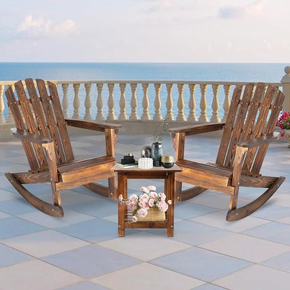 3 PCS Rocking Bistro Set - Patio Rocking Chair Set (2 Chairs + 1 Table), Rustic Adirondack Rocker Chairs & Side Table for Outdoor, Garden, Backyard (Brown)