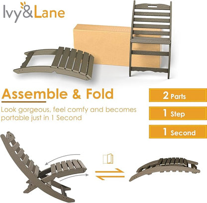 IVY&LANE Portable Xavier-Chairs Set of 2 | Folding-Adirondack-Chair | Wave | HDPE Plastic | Wood Grain | All-Weather Resistant | for Outdoor Fire-Pit Patio Lawn Beach Poolside