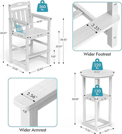 Ciokea 3-Pcs Bistro Table and Chairs, All-Weather Round High Top Bar Table with Storage Shelf and 2 Oversized Adirondack Chairs, Heavy Duty Outdoor Bar Set Patio Bistro Set for Balcony Deck, White