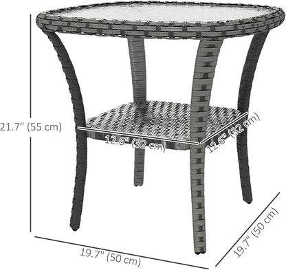 Outsunny Rattan Coffee Table with Storage Shelf, Wicker Side Table with Glass Top, Outdoor End Table for Garden, Porch, Backyard, Mix Gray