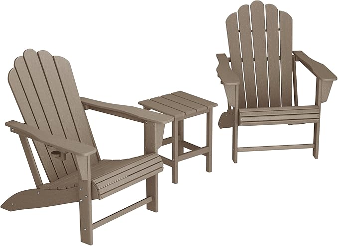 Costaelm Lakeview 3-Piece Outdoor Patio HDPE Adirondack Chair with Cup Holder and Table Set, Weathered Wood
