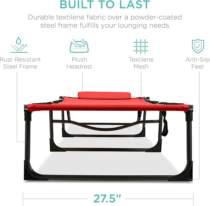 Best Choice Products Patio Chaise Lounge Chair, Portable Outdoor Folding Recliner for Lawn, w/ 8 Positions, Handles, 300lb Capacity - Red