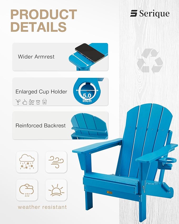 Folding Adirondack Chair, Patio Chair Weather Resistant, Outdoor Chair Wood Texture, Lawn Chair with Cup Holder, Fire Pit Chair for Deck,Outdoor,Porch,Backyard,Garden (Pacific Blue)