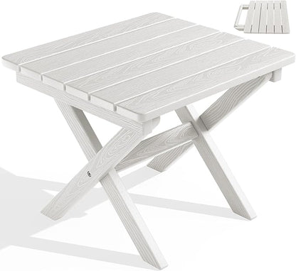 SERWALL Portable Folding Adirondack Table, HDPE Material Outdoor End Table, No Assembly Required, Weather-Resistant, 110 lbs Capacity, Small Table for Indoor and Outdoor uses, White