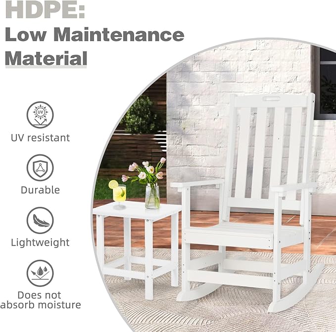 Aoodor Outdoor Rocking Chair, Ergonomic HDPE Rockers with All-Weather Design for Patio or Porch, Color White