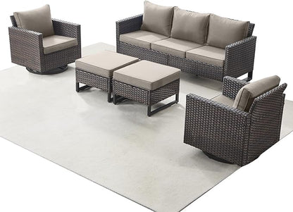 Rilyson Wicker Outdoor Patio Furniture Set - 5 Piece Patio Conversation Set with 2 Swivel Rocker Chairs,2 Rattan Ottoman and 1 Couch for Outside Porch Deck Backyard Garden(Brown/Grey)