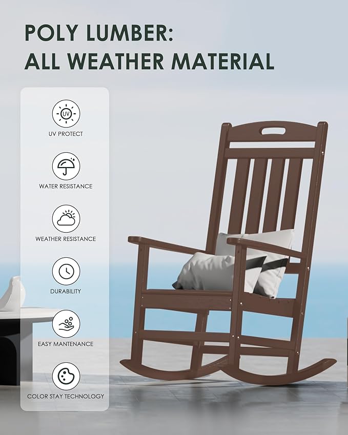 Outdoor Rocking Chair, All-Weather Resistant Poly Lumber Rocker Chair Outdoor, High Back Plastic Patio Rocking Chairs for Outside Porch Rocker Garden Lawn, Mahogany