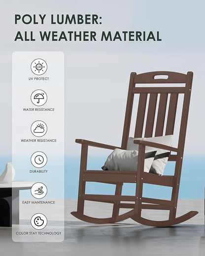 Outdoor Rocking Chair, All-Weather Resistant Poly Lumber Rocker Chair Outdoor, High Back Plastic Patio Rocking Chairs for Outside Porch Rocker Garden Lawn, Mahogany