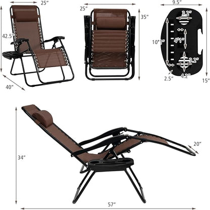 Tangkula Set of 2 Zero Gravity Chair, Folding Patio Lounge Chair Adjustable Outdoor Recliner with Cup Holder, Wide Armrest for Patio Garden Poolside Outdoor Yard Beach, Support 350 lbs (2, Brown)