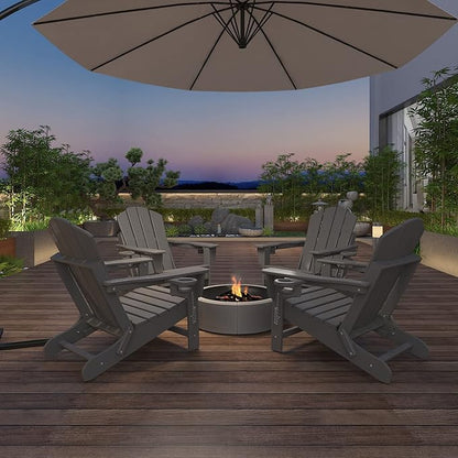 Mdeam 3-Level Adjustable Adirondack Chair with Retractable Ottoman, HDPE All-Weather Folding Fire Pit Chair with 2 Cup Holders, Outdoor Chair for Deck Patio Garden Backyard Lawn (Grey)