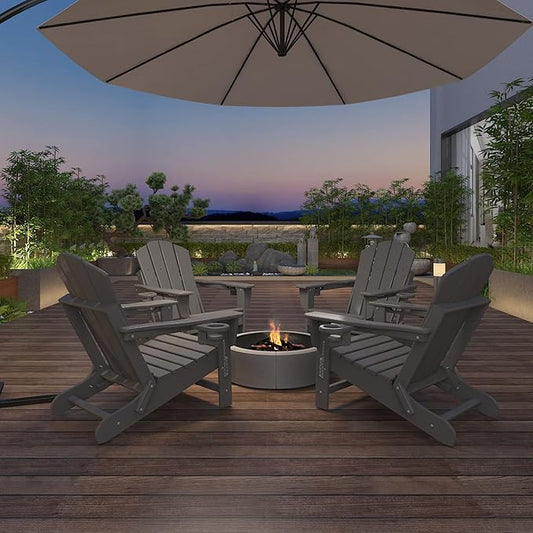 Mdeam 3-Level Adjustable Adirondack Chair with Retractable Ottoman, HDPE All-Weather Folding Fire Pit Chair with 2 Cup Holders, Outdoor Chair for Deck Patio Garden Backyard Lawn (Grey)