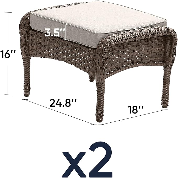 Outdoor Ottomans Patio Footrest Set of 2 - High Back Comfortable Brown Wicker Rattan Steel Frame Footstool Additional Bench Side Table for Porch Balcony Deck Garden Poolside - Beige